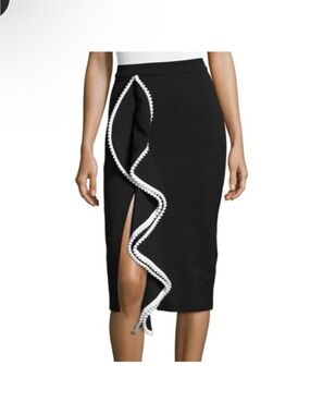 Alexis Black Midi Pencil Skirt White Trim Ruffle Slit Size L NWOT